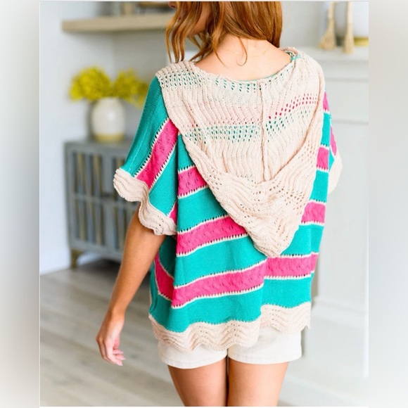 Striped hooded Knit oversized Top in Teal and Pink - Picture 4 of 13